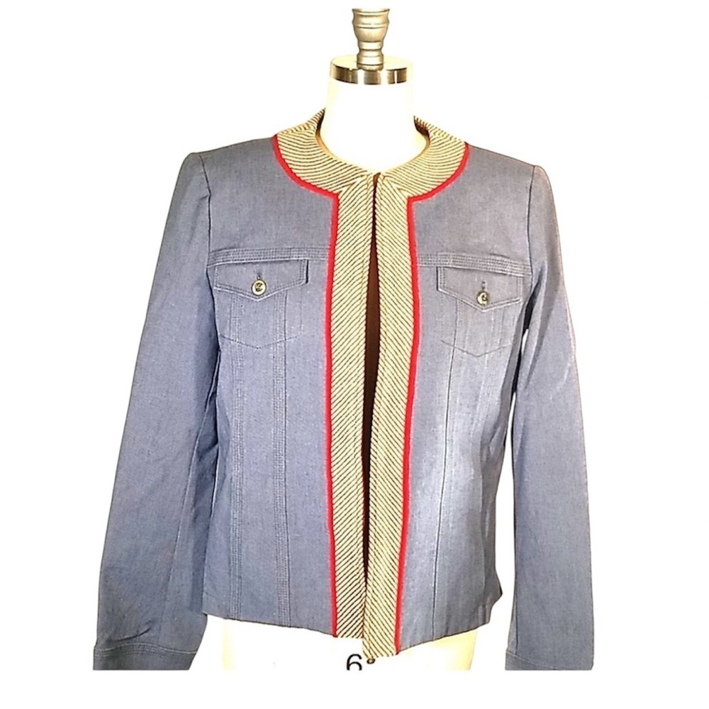 St. John Blue and Red Jean Jacket with Sporty Trim